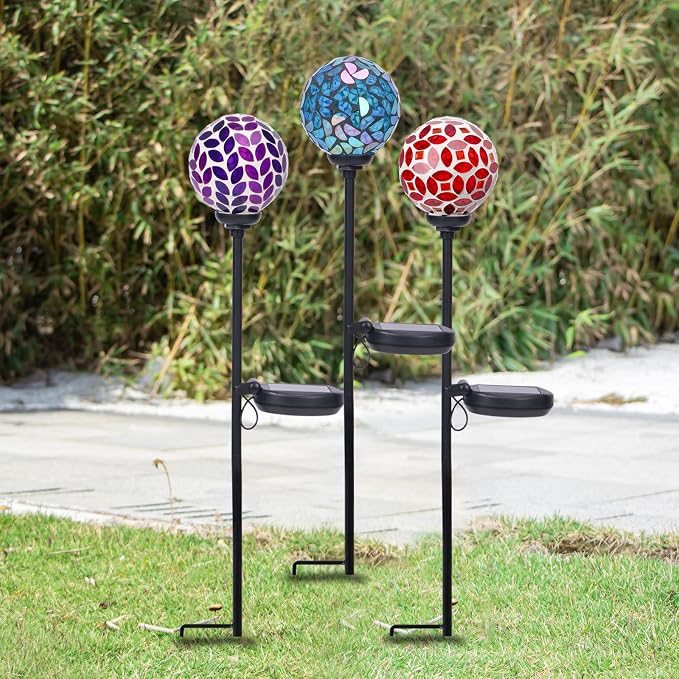 VCUTEKA Decorative Solar Garden Lights, 3.5" Mosaic Globe Stake 3 Pack | Mosaic Glass Design, Solar LED Light, Weather Resistant, Auto On/Off and Metal Stake Design for Lawn and Patio