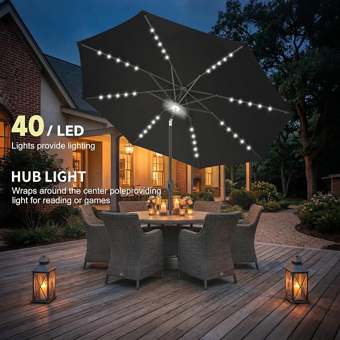 10FT Solar Umbrella Outdoor - Lighted Solar Patio Umbrella with 40 LED Lights Waterproof UV Protection, Table Umbrella with Tilt for Pool, Porch, Garden, Deck, Backyard (Black)