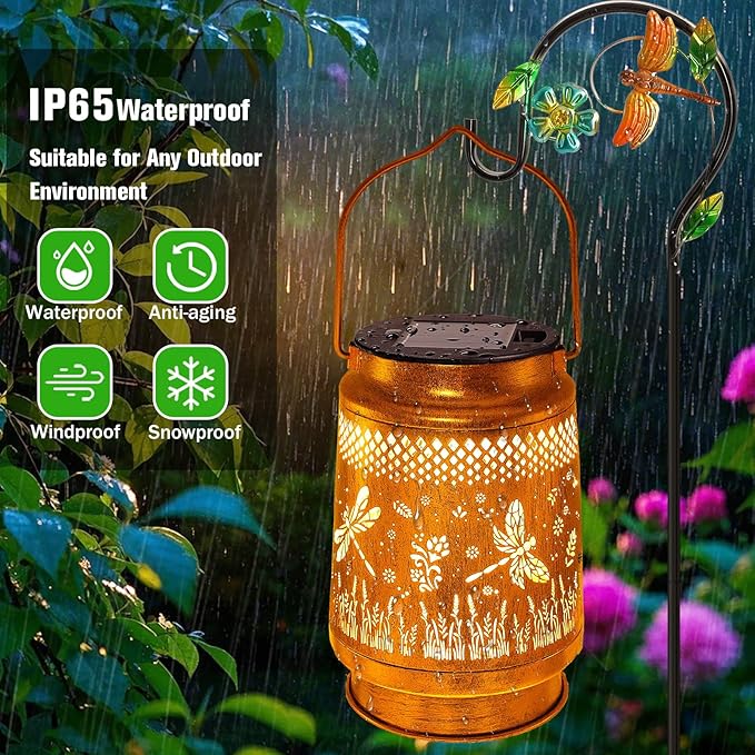 Dragonfly Solar Lanterns Outdoor with Shepherd Hook, Birthday Gift Mothers Day Gift for Women Mom Grandma Wife Daughter, Waterproof LED Hanging Lights, Decor for Yard Garden Patio Porch Lawn Tabletop