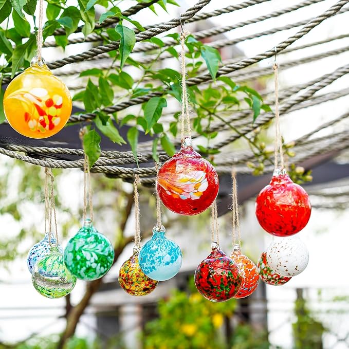 12Pcs Hand Blown Glass Ball Ornaments Hanging Gazing Balls Witches Balls