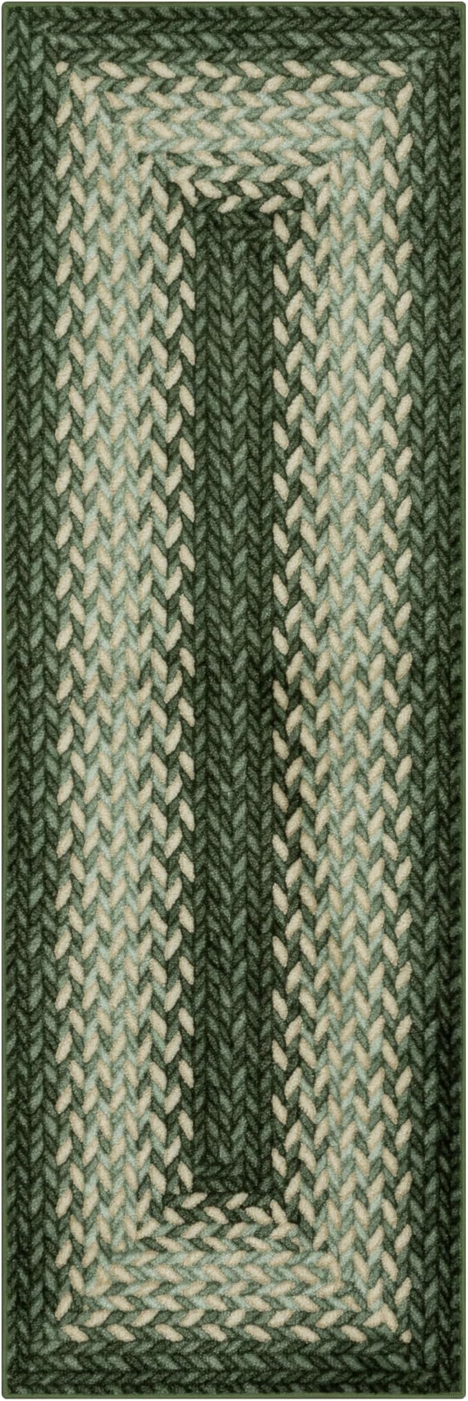 Maples Rugs Marion Bohemian Braided-Style Print Runner Rug – Made in USA – Washable, Non-Slip Indoor Runner for Hallway, Kitchen, and Laundry Room, 2' x 6', Green