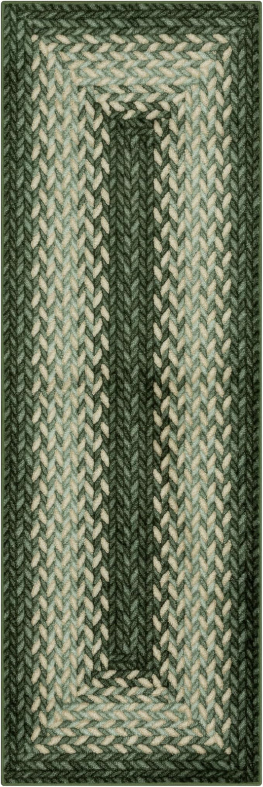Maples Rugs Marion Bohemian Braided-Style Print Runner Rug – Made in USA – Washable, Non-Slip Indoor Runner for Hallway, Kitchen, and Laundry Room, 2' x 6', Green