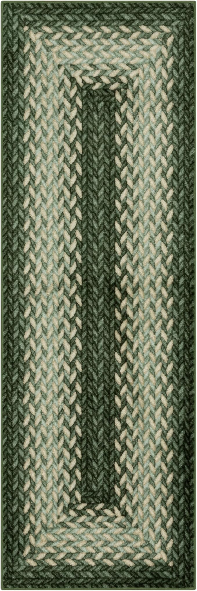 Maples Rugs Marion Bohemian Braided-Style Print Runner Rug – Made in USA – Washable, Non-Slip Indoor Runner for Hallway, Kitchen, and Laundry Room, 2' x 8', Green