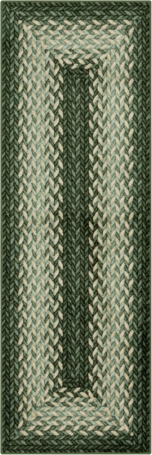 Maples Rugs Marion Bohemian Braided-Style Print Runner Rug – Made in USA – Washable, Non-Slip Indoor Runner for Hallway, Kitchen, and Laundry Room, 2' x 8', Green