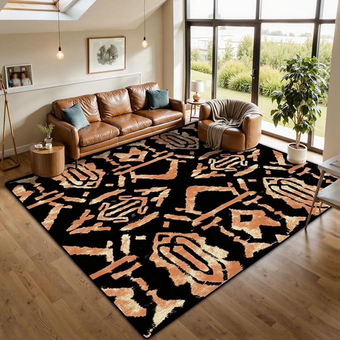10x14 Area Rugs for Living Room Ethnic African Print Boho Chocolate Abstract Brown Artwork Handmade Washable Large Area Rug for Bedroom Non Slip Outdoor Carpets Soft Mats Kitchen Home Office Decor
