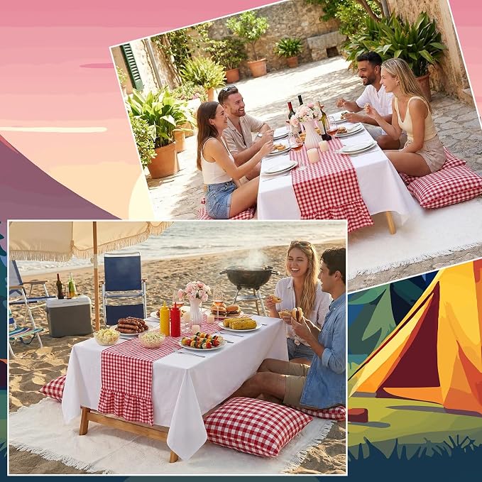 Extra Large Outdoor Boho Picnic Blanket Set with Plaid Table Runner, 6 Pillow Covers 6 Napkins, 91x71 Inch Oversize Woven Cotton Machine Washable Beach Mat for Camping Wedding Picnic
