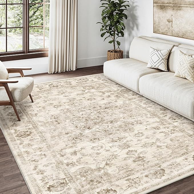 4x6 Beige Neutral Area Rug | Washable, Non Slip, Soft Low Pile, Vintage Farmhouse, for Entryway Kitchen Bathroom Living Room Bedroom Indoor Home Decor