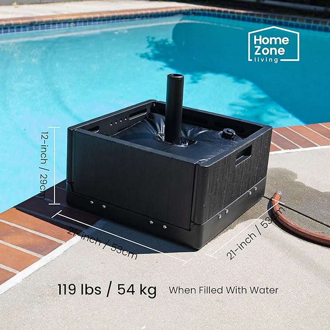 Home Zone Living 119lbs 21" Square Heavy Duty Planter Umbrella Base, 11 Ft | Rolling Wheels & Water Weight Bag for Patio Pool Backyard, Convertible as Table or Planting Box, Supports Up to 11 Ft