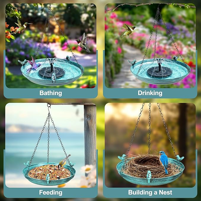 DazSpirit Hanging Bird Bath with Solar Fountain, 14.9" Metal Bird Bath for Outdoors, Fixed Solar Panel with 4 Nozzles, 3 Removable Decorative Birds, Hanging Birdbath for Garden Patio Porch Yard Gift