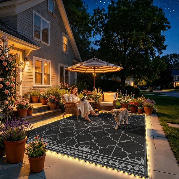 9x12Ft Outdoor Rug, Solar Powered Outdoor Rug with 131LEDs Strip Lights for House Deck, Waterproof Plastic Reversible Outdoor Straw Rugs, Rugs Mat RV Camping Patio Beach Balcony Picnic (Black Gray)