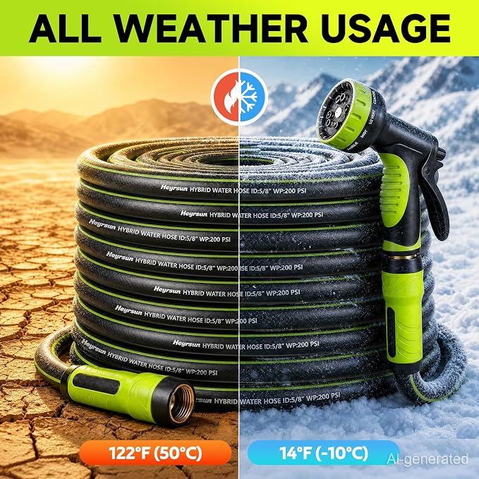 Garden Hose 50ft, Non-Expandable Heavy Duty Water Hose with 10 Function Sprayer, Flexible, Leakproof, Kink Resistant & Hybrid Hose for Yard, Outdoor, 600 PSI
