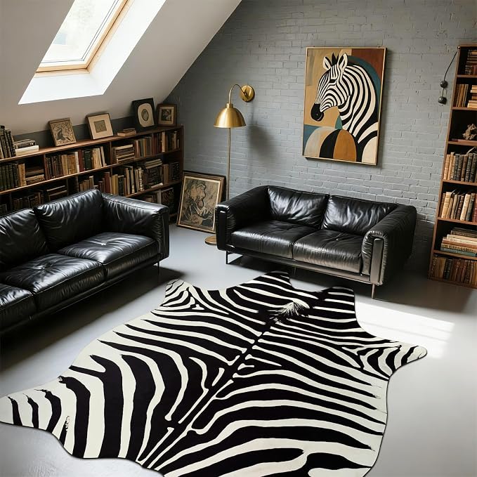 BENRON Zebra Rug, Animal Print Rug for Living Room Bedroom 4.6x5.2ft | Western Faux Zebra Print Rug, Animal Skin Carpets, Non-Slip Throw Rug for Home Decor, Black and White, Ivory