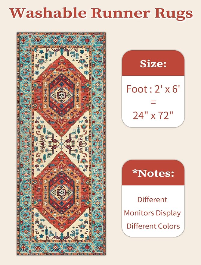 SERISSA 2x6 Washable Non Slip Boho Runner Rug for Hallway，Orange | Ultra Soft Vintage Oriental Carpet Low-Pile Distressed Tribal Floor Carpet for Kitchen Bedroom Bathroom Laundry Living Room