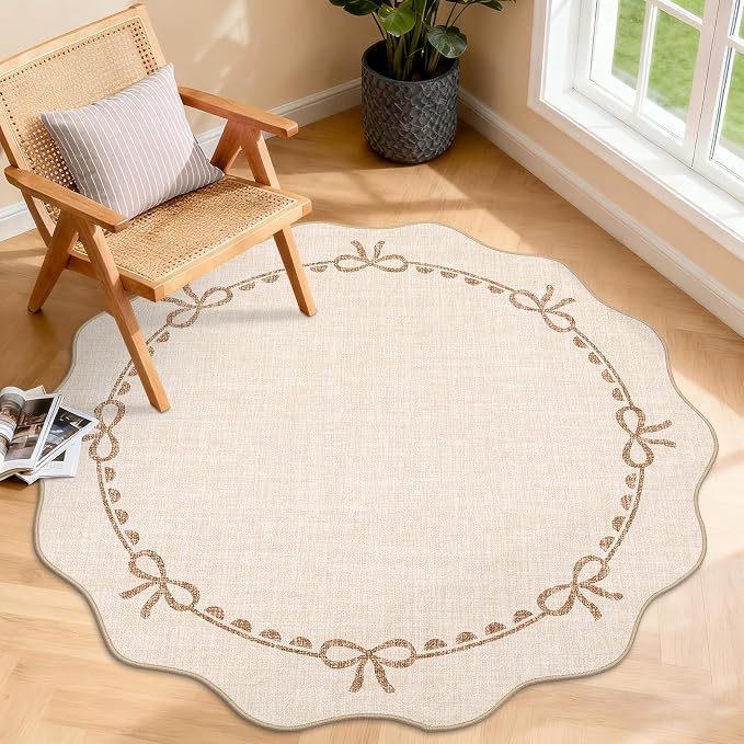 GarveeHome 4ft Round Rugs Washable Scalloped Bow Rug for Bedroom, Beige | Non Slip Soft Low Pile Ultra-Thin Indoor Carpet for Living Room Nursery Girls Dorm Decor Kids Room Playroom
