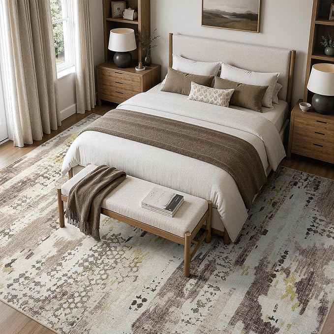 DCX Washable Abstract Area Rug 5x7, Non Slip Low Pile Rug, Brown | Easy to clean, non-shedding, soft, kid & pet friendly, with a non-slip rubber backing for living rooms, bedrooms, and offices