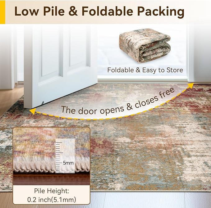 RELEANY Washable 4'x5' Abstract Area Rug for Living Room Rustic Brown | Carpet for Bedroom, Kitchen, Office, Hallway and Entryway, Printed Pattern, Non‑Slip, Soft, Stain‑Resistant, Easy to Clean