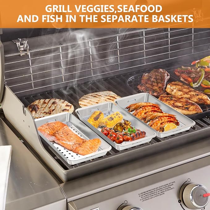 Onlyfire Grill Basket Set, 5PCS Stainless Steel Grill Pan - Include 3 Grilling Baskets, a Serving Tray and Removable Handle, Great for Grilling Fish, Meat, Veggies