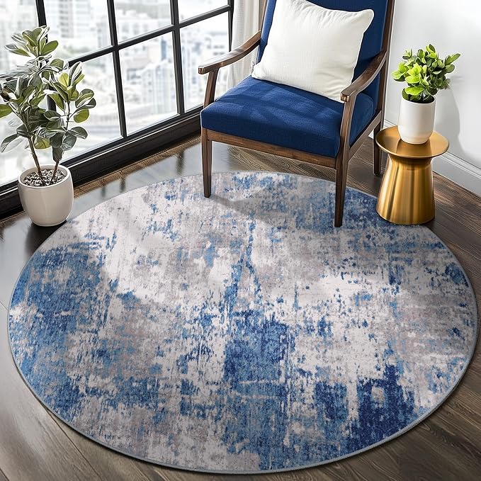 RELEANY Washable Round 4ft Area Rug for Living Room Blue Gray | Carpet for Bedroom, Kitchen, Office, Hallway and Entryway, Printed Pattern, Non‑Slip, Soft, Stain‑Resistant, Easy to Clean