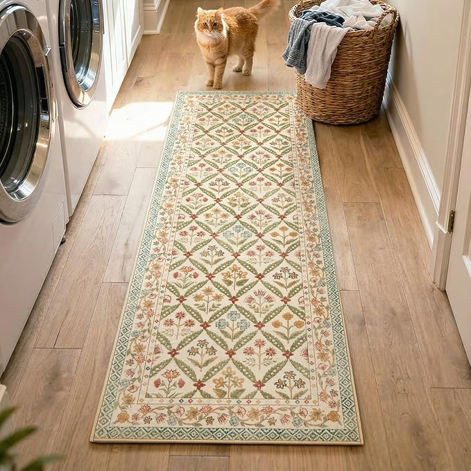 jinchan Runner Rug 2x6 Vintage Floral Washable Hallway Area Rug, Teal Blue | Soft & Lightweight, Checkered Floral, Low Pile, Non Slip, Entryway, Kitchen, Bedside, Laundry Room, Cottage Decor