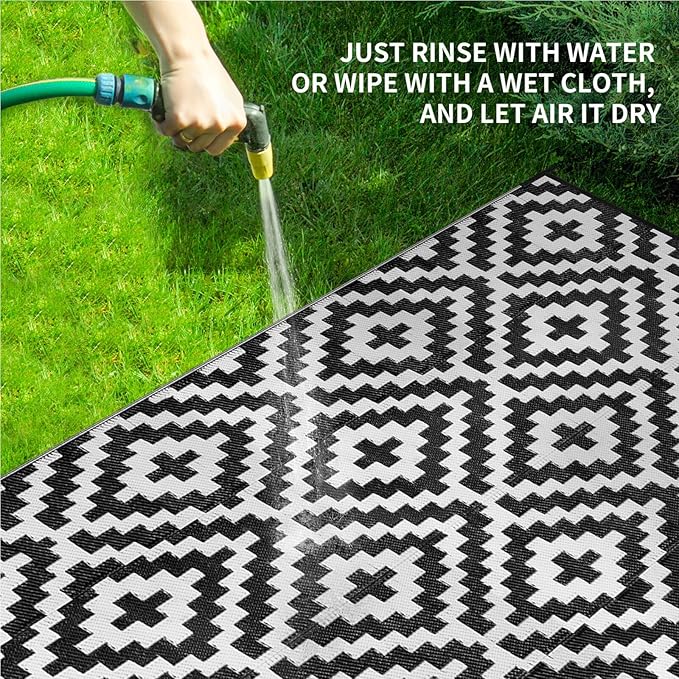 Outdoor Patio Plastic Straw Rug - 6x9 ft Outdoor Camping Rug Waterproof Reversible, Area Carpet Patios RV, Outside Porch Balcony Deck for Camper, Black & White