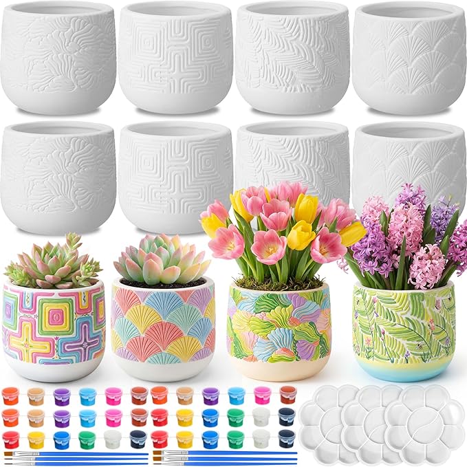 Zubebe 12 Pcs Paint Your Own Ceramic Pots Bulk Unfinished Succulent Pots Craft Kit with Drainage Hole Mini Paintable Plant Vase Ready to Paint Planter for Cactus DIY Craft (Nordic Embossed)
