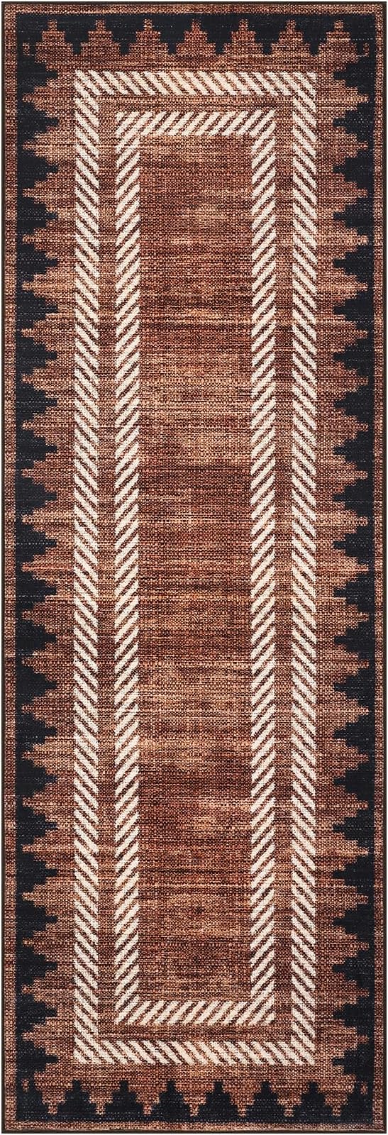 GarveeHome Modern Geometric Runner Rug 2x6 Washable Hallway Runner Rugs Brown Unique Bordered Neutral Bathroom Rug Non Slip, Non Shedding Kitchen Mat, Soft Low Pile Neutral Carpet for Laundry