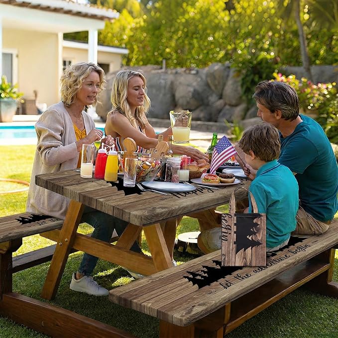 Picnic Table Cover with Bench Covers Elastic Edges Camping Essentials 4 Pcs Wood Grain Waterproof Oil-Proof Tablecloth with Handbag for RV Accessories Farmhouse Camping Rustic Party Decor 72 IN