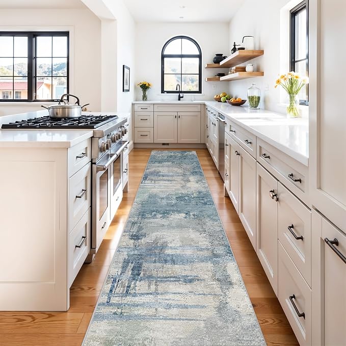 2.6x14 Extra Long Runner Rug: Grey Abstract Washable Non Slip Carpet Blue | Hallways - Soft Low-Pile Thin Indoor Runner for Long Spaces 2.6x14 Blue