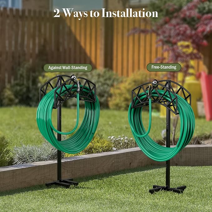Winpull Garden Hose Holder Detachable Heavy Duty Metal Water Hose Hanger, Freestanding Hose Storage Stand Rack for Outside (Black)