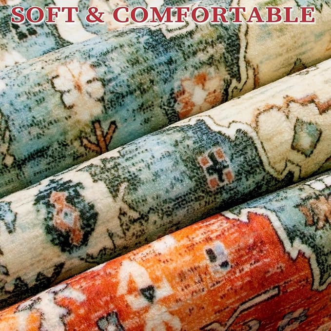 SERISSA 8x10 Washable Non Slip Boho Area Rug for Living Room | Ultra Soft Vintage Oriental Carpet Low-Pile Distressed Tribal Throw Carpet for Dining Room Bedroom Dorm Office Home Decor