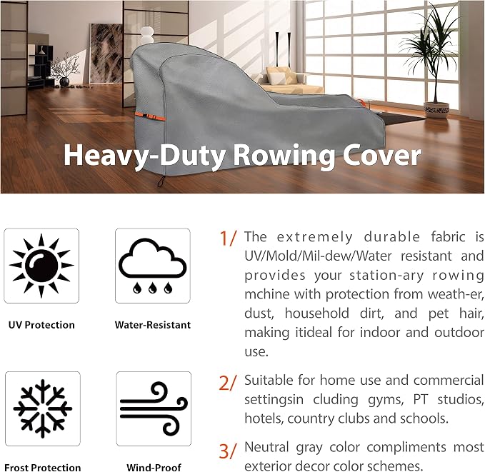 Rowing Machine Cover Waterproof Heavy Duty Outdoor Rower Cover Fits 112" | fits most rowers,UV resistant, dustproof, outdoor gym equipment cover with buckle windproof design, gray with orange straps