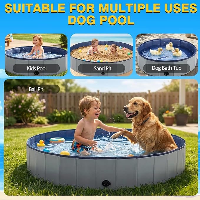 Eooqi Foldable Dog Pool, Collapsible Pet Bath Tub & Kiddie Wading Pool | Portable Hard-Side Dog Swimming Pool for Puppies, Small & Medium Dogs, Cats and Kids (Gray, 32"-S)
