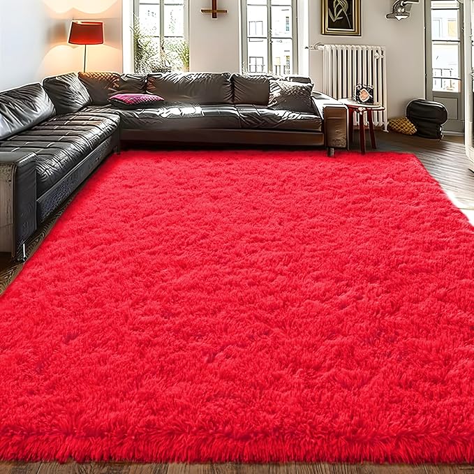 Soft Shag Fluffy Living Room Rug 5x7 Red Washable | Upgrade Non-slip, 5 x 7 Shaggy Rugs for Bedroom Christmas, High Pile Fuzzy Plush Carpet Kids Room Dorm, Flame Resistant