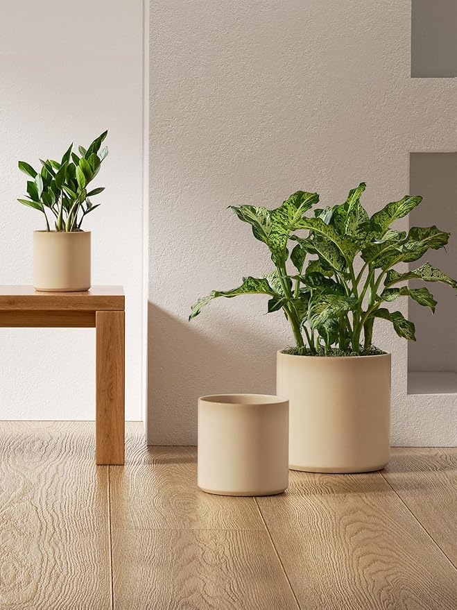 LE TAUCI 10+8+6 Inch Ceramic Pots for Plants, Indoor Planters with Drainage Hole and Plug, Modern Cylinder Flower Pots Set of 3 for Living Room and Bedroom, Glossy, Sand Beige