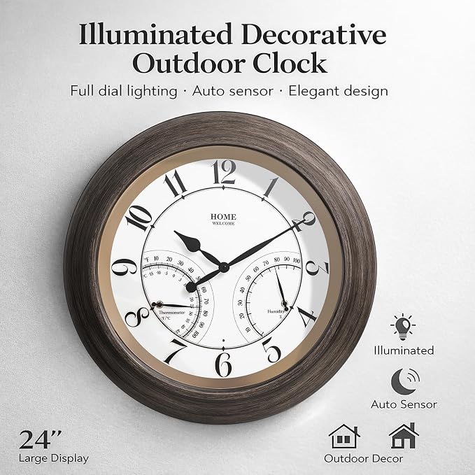 Pytha Sight 24 Inch Outdoor Clocks Waterproof, Large Easy-to-Read Illuminated Outdoor Wall Clock with Smart Light Sensor, Silent Large Outdoor Clock for Patio, Pool,Porch,Garden,Backyard