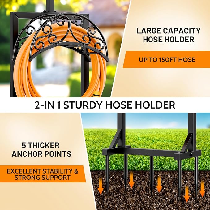 Garden Hose Holder for Outside - Upgraded Water Hose Holders with 5 Spikes & 2 Shepherds Hooks, Freestanding Hose Stand Heavy Duty Hose Hanger Hose Storage Hose Reel Rack for Outside Yard Lawn