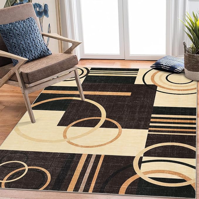 RUGSREAL Washable Rug 5x7 Abstract Circles Area Rugs Non Slip Floor Carpet | Contemporary Soft Rug Low Pile Accent Rugs for Indoor Living Dining Room