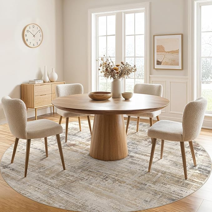 UERMEI 8ft Round Area Rug for Living Room Washable Abstract Golden Brown | Soft Low Pile Non Slip Indoor Carpet Stain Resistant Kid Pet Friendly Circle Rug For Bedroom Dining Room Office Nursery