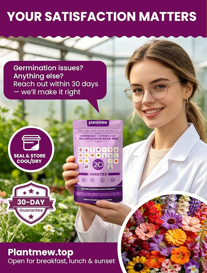 Wildflower Seeds Mix Hummingbird & Butterfly Cafe, 20 Heirloom Varieties, Specially Formulated to Attract Pollinators – High Germination for Outdoor Garden (4oz)