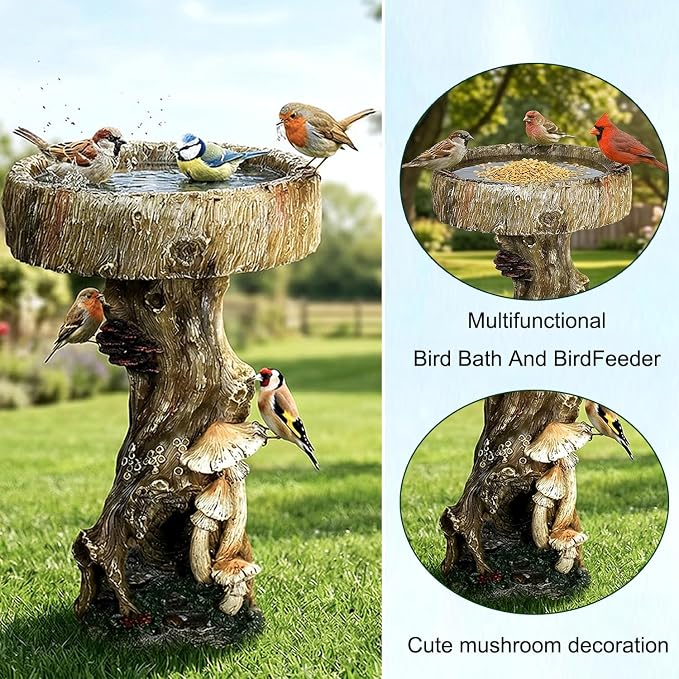 Hamiedun Bird Baths for Outdoor - 24.8" Tall Pedestal Resin fiber, Woodland Tree Trunk Decoration Yard Statue，Pedestal Birdbaths for Outdoors, Garden, Patio, Lawn, Backyard (24.8''H)