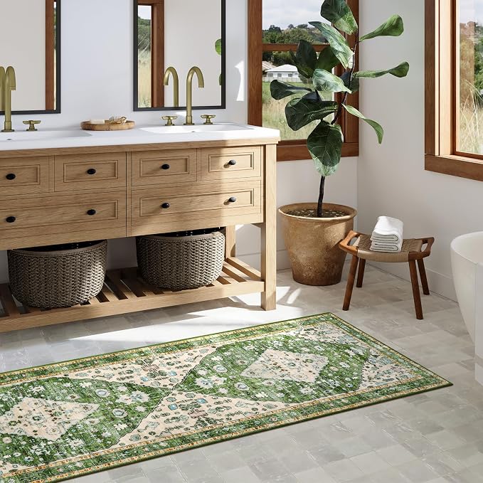 Lahome Felice Boho Tribal Rug - 2x6 Green Bathroom Rug Runner Laundry Room Mat, Vintage Soft Washable Non Slip Accent Carpet for Kitchen Living Room Kitchen Sink Bathroom Doorway