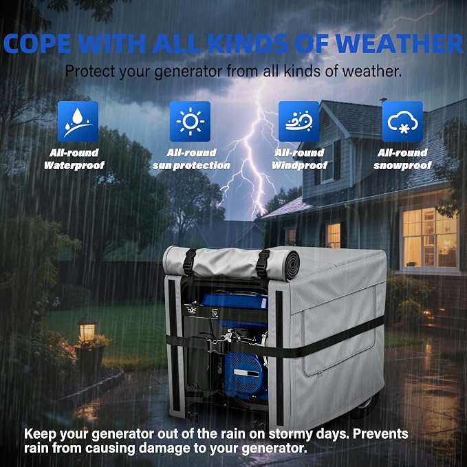 Generator Cover, 900D Heavy Duty Waterproof Fabric. 30L×30W×27H Inch Generator Covers While Running, with Windproof Strap Buckles. Fits most 6000-13000 watt Generators, Gray.