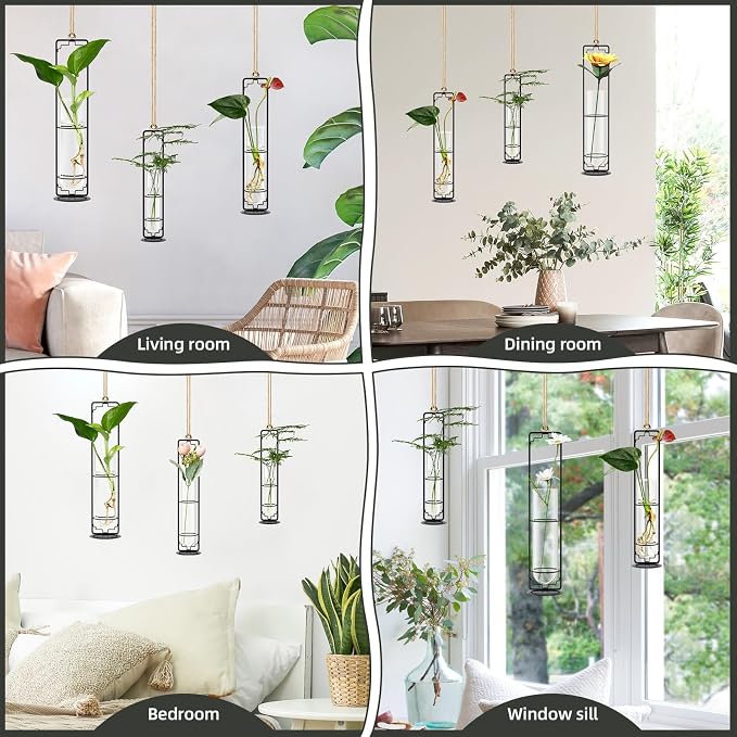 MIPON Metal Hanging Plant Propagation Station,3 Size Glass Test Tube Hydroponic Planter,Boho Wall Hanging Plant Cuttings Holder,Indoor Water Plant Terrarium Tubes for Home Office Window Decor-Black