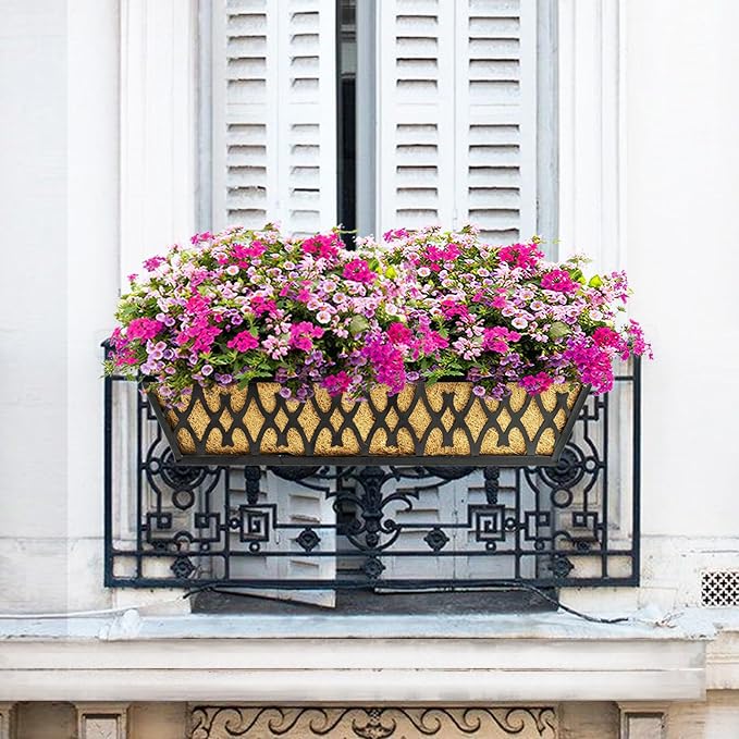 6 Pack 30 Inch Window Boxes Planters Railing Planter Box with Adjustable Brackets for Porch Fence Patio Balcony Hanging Flower Baskets with Coco Liners for Outdoor Garden Decor - Black