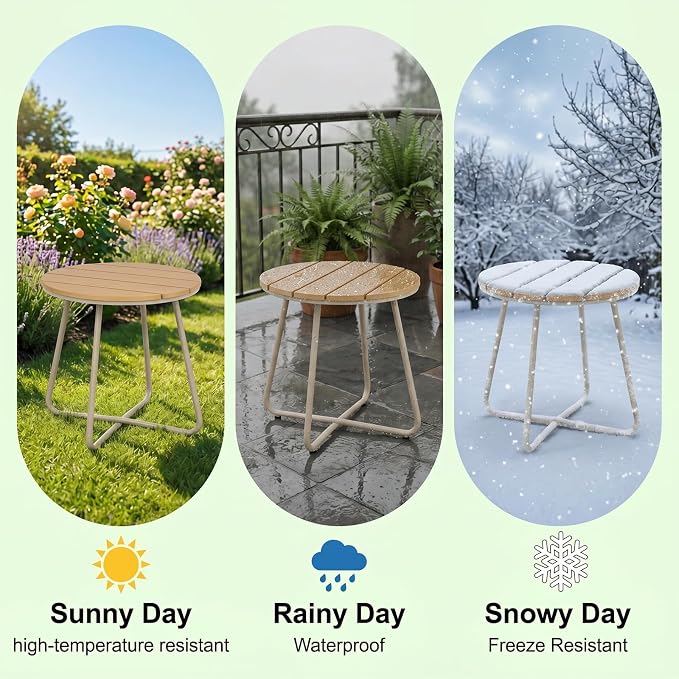 danpinera Outdoor Side Tables, HDPS Patio Table with Metal Legs | 18 Inch Outdoor Small Round Table for Garden, Backyard, Porch, Deck, Balcony, Poolside, Natural