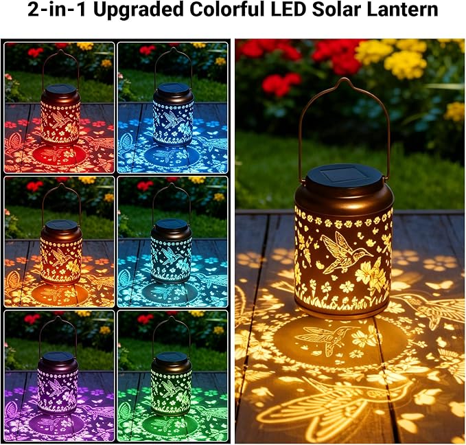 Solar Lanterns Outdoor Waterproof Hummingbird Garden Decor, Birthday Gifts for Women Mom Grandma Seniors, Metal Hanging Lanterns Decorative Colorful LED Lights for Lawn, Yard, Patio, Backyard, Porch