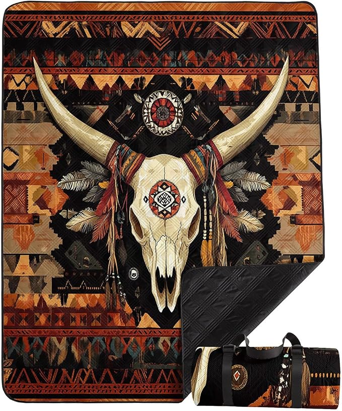 Outdoor Picnic Blanket Portable Ultrasonic Waterproof Picnic Bull Skull Printed Camping Beach Mat for Sand and Wet Grass Hiking (Bull Skull S