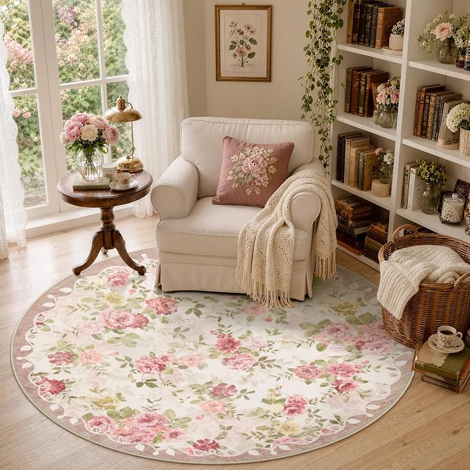 Lahome Round French Floral Rug 5ft, Low Pile Ultra-Thin Reading Nook Rug | Pet Friendly, Easy To Clean Non Slip Carpet For Reading Corner, Vanity Space And Bedroom Decor