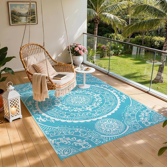 Pauwer Waterproof Outdoor Rug 6x9, Reversible Plastic Straw Patio Camping Rug, Indoor Outdoor RV Mat Carpet for Deck, Camper, Porch, Balcony, Backyard, Picnic, Paisley Teal