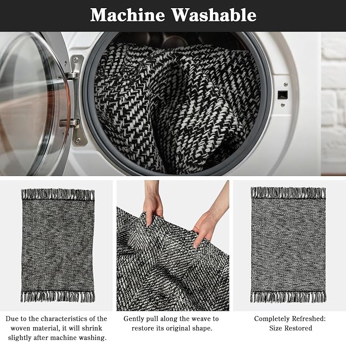 2' x 6' Kitchen Runner Rug, Modern Farmhouse Washable Bathroom Mat | Boho Hand-Woven Hallway Runner Rugs, Black Reversible Bedroom Carpet for Laundry Entryway Home Decor
